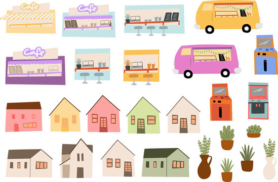 Set of illustrations with cute small houses clipart, ice cream truck, beach cafe, palm trees clip art, Cozy city street with tiny buildings and green trees, Vector illustration in flat cartoon style.