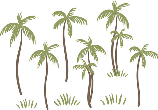 Set of illustrations with green palm trees clipart, Vector illustration in flat cartoon style.