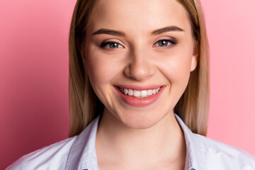 Cropped photo of young lovely woman visit dentist toothy smile cavity protection isolated over pink color background