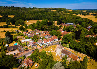 Aerial view of Mickleham, a village in south east England, between the towns of Dorking and Leatherhead in Surrey