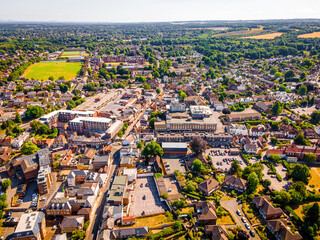 The aaerial ciew of Leatherhead, a town in the Mole Valley District of Surrey, England