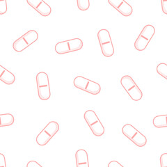 Seamless vector line pattern of pink capsules or pills. Medical background.
