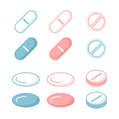 A set of tablets pills and capsules of different forms. A set of simple modern line icons.