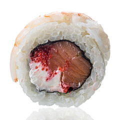 Roll Sushi isolated on white background. Close up view with reflection.