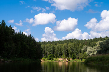 Fototapeta na wymiar Scenic landscape of river Gauja at cloudy day. Blue sky. Summer nature. Green trees. Reflection in water.