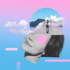 Fototapeten Contemporary art collage. Colorful design with female face elements and dream of young girl about travelling. © master1305