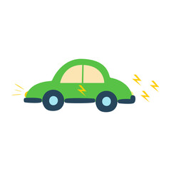 Vector illustration, with a green electric car and a sign of electricity on the car, an isolated element.