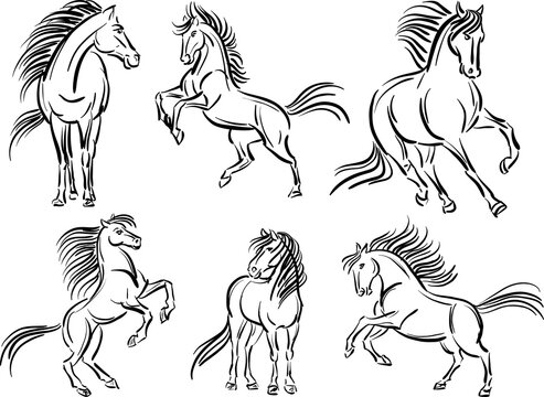 horses black and white brush stroke vector illustration