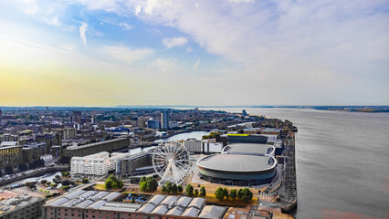 Fototapeta na wymiar drone view of Liverpool city - Albert dock - Royal Liver Building - aerial photography