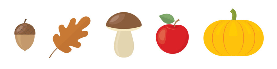 autumn banner with acorn, oak leaf, boletus mushroom, apple and pumpkin- vector illustration