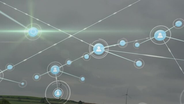 Animation of network of connections with people icons over wind turbines