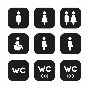 Set of nine way finding linear vector icons. Plates on the door, the scheme of movement. Icons for the airport, office, cafe. Men, women, disabled people, toilet, way finding, wc. Icons with people.