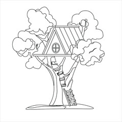 Hand drawn coloring page. Cute treehouse with grass, tree, stairway . treehouse coloring book page