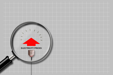 Rising electricity prices. A light bulb and a graph with an up arrow, on a grey background....