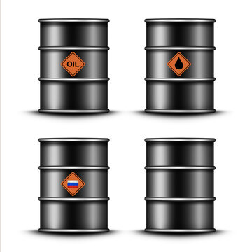 Barrels of oil. Different badges and flag of Russia. Isolated on white background. 3D illustration. Trade. Business. Design