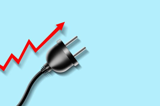 Concept, rising electricity prices. Electric plug, and a red up arrow, on a blue background. copy space. World energy crisis.3D illustration. Business.