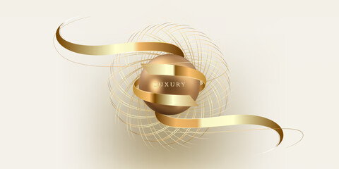 Luxury background with realistic 3d ball and gold ribbon element with glitter light effect decoration and bokeh.