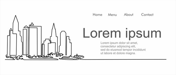 Obraz premium Modern cityscape continuous one line vector drawing. Panoramic landscape of metropolis architecture. Skyscrapers. Can used for logo, emblem, slide show and banner. Illustration with quote template. 