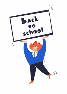 The teacher announces the start of the school year. Lettering on a school theme. The teacher carries the blackboard to greet the students. The school is waiting for its students. Ad.