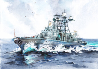 Cruiser at sea is sailing at high speed; splashes and waves in  dark sea.Watercolor illustration.