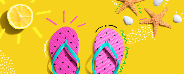 Summer concept with flip flops and lemon sunlight