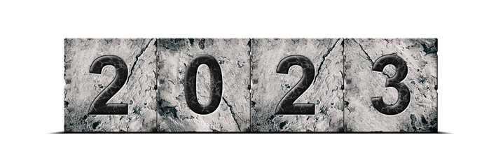 2023, digits on an alphabet on stone blocks, isolated on white background. Year concept.