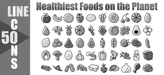 Healthy food black and white line icons set on white background vector illustration. Multicolored linear icons for healthy food in flat style. Stock vector line style.
