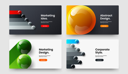 Geometric banner design vector layout bundle. Minimalistic 3D balls company cover template composition.