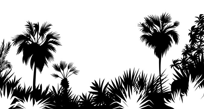 Tropical sea island Jungle with palm trees. Black silhouettes and contours on white background. Vector