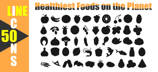 Fototapeta premium Healthy food black and white line icons set on white background vector illustration. Multicolored linear icons for healthy food in flat style. Stock vector line style.