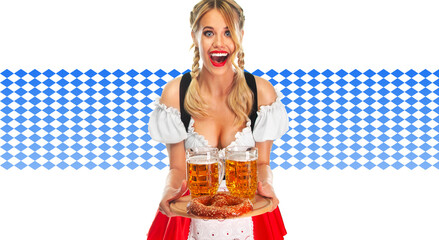 Young sexy Oktoberfest girl waitress, wearing a traditional Bavarian or german dirndl, serving big...