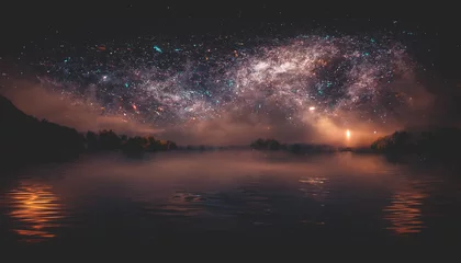 Papier peint Gris 2 Abstract night fantasy landscape with a starry sky, a natural pool of water, a lake in which the galaxy, the milky way, the universe, stars, planets are reflected. 3D illustration.