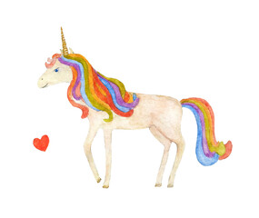 Watercolor rainbow unicorn illustration for children, girl book, design, invitation, poster, postcard, sticker.