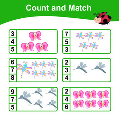 Counting and match the answer worksheet for children. Printable math worksheet. Mathematic worksheet for preschool. Educational printable worksheet. Vector illustration.