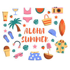 Vector summer set with travel accessories. Summer icon pack. Vector illustration in flat style