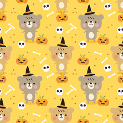 Cute Bear and Halloween Pumpkins Seamless Pattern