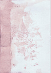 Hand dyed eco print of Fern Leaf on Watercolor Paper. Pink organic dye. A4 background