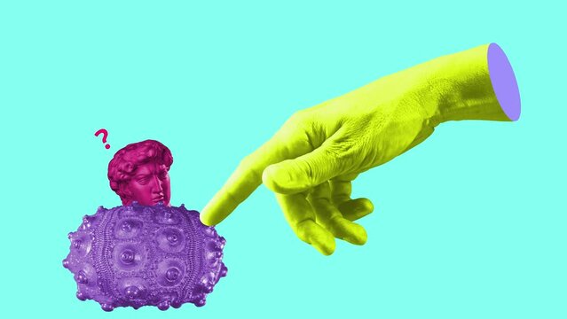 Modern creative concept video 4K with colored graphic sculpture. GIF animation with antique statue head in zine style. Contemporary stop motion art. Funky design. Fashion aesthetic culture. Collage.
