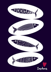 Cute sardines. Vintage greeting card.