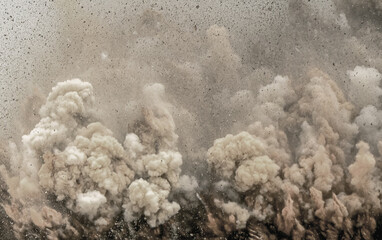 Close up of dust storm and rock particles after detonator blast