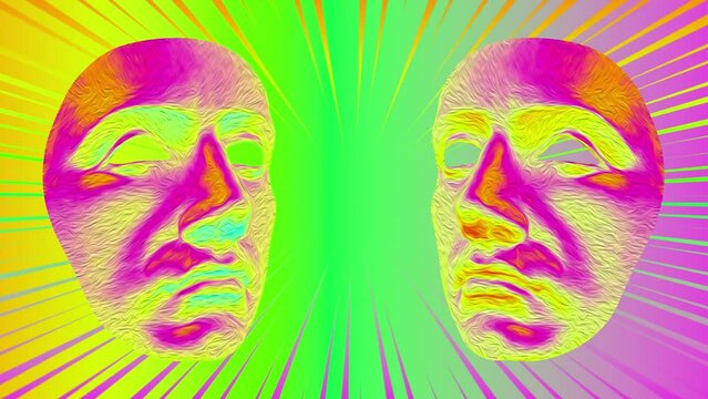 Modern creative concept video 4K with colored graphic sculpture. GIF animation with antique statue head in zine style. Contemporary stop motion art. Funky design. Fashion aesthetic culture. Rainbow.