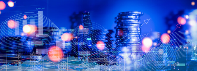 Data analytics,economic growth and business concept.Investment graph and rows growth of coins on city background of blue color tone,stock market and data,economic growth on global business network