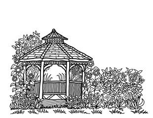 Cedar gazebo with plants and trees on back yard landscape.