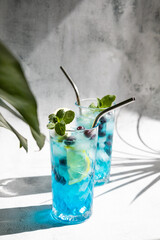 Curacao blue cocktail with fresh blueberries and lemon wedges, garnished with mint with trendy...