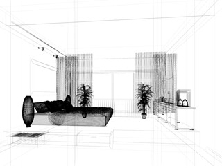 sketch design of interior attic bedroom,3d rendering