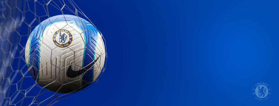 Guilherand-Granges, France - July 19, 2022. Premier League of England. Soccer ball in net with official logo of Chelsea. 3D rendering.