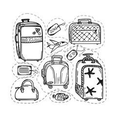 Set of different kinds of luggage, hand-drawn doodle in sketch style. Vector illustration. Large and small suitcase, hand luggage, valise, tags. Airplane. Sketch in cartoon style.