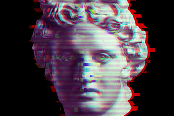 Modern creative colored graphic sculpture with dark background . Digital texture with antique statue head in glitch style. Contemporary art poster. Funky unusual design. Fashion aesthetic culture. - 517944535
