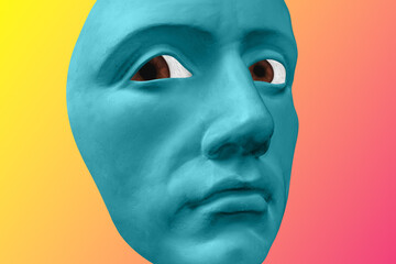 Modern creative colored graphic sculpture with multi background . Digital texture with antique statue head in zine style. Contemporary art poster. Funky unusual design. Fashion aesthetic culture.