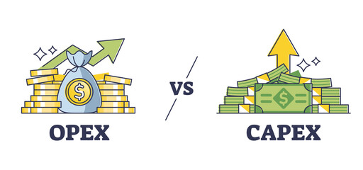 Opex vs capex expenditure comparison as strategy difference outline diagram. Labeled educational capital and operational money spending types as company accounting payment division vector illustration - obrazy, fototapety, plakaty
